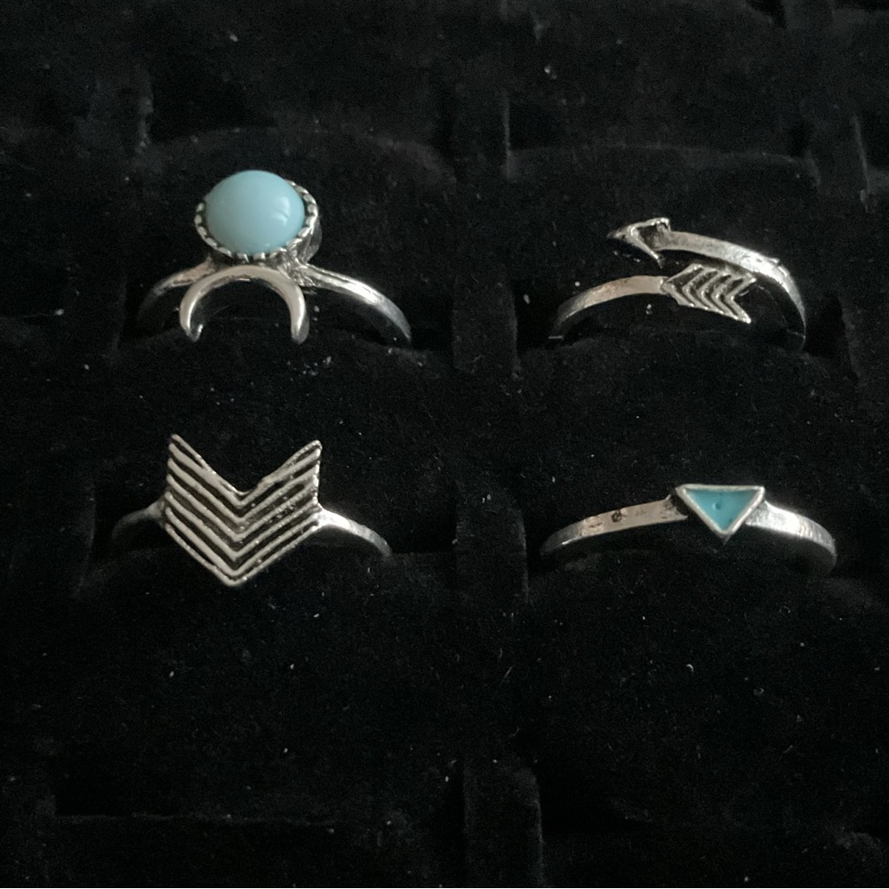 New x4 Silver Tone Rings Western Moon Arrow Synthetic Blue Turquoise Boho Set 4